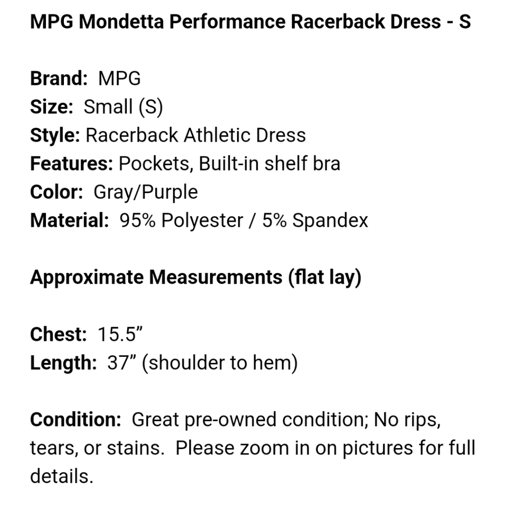 Sport Mesh Dress w built-in bra, S, MPG Mondetta Performance, Travel, racerback - Picture 9 of 14